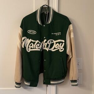 Bershka MatchDay Varsity Jacket in Green and Cream